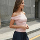 Pink Polka Dot Off-the-Shoulder Cap Sleeve Fitted Crop Top SOLACE