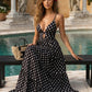 Black Elegant V-neck Cutout Polka Dot Slim Fit Maxi Dress SOLACE