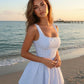 Blue Corset Bodice Pinstripe Print Bow Detail Slim Fit Mini Dress SOLACE