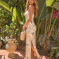 Floral Print Strapless  Ruched Bodycon Side Slit Maxi Dress OMFORT