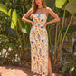 Floral Print Strapless  Ruched Bodycon Side Slit Maxi Dress OMFORT