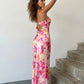 Pink Orange Floral Print Strapless Satin Mermaid Maxi Dress SOLACE