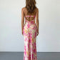 Pink Orange Floral Print Strapless Satin Mermaid Maxi Dress SOLACE