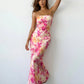 Pink Orange Floral Print Strapless Satin Mermaid Maxi Dress SOLACE