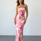 Pink Orange Floral Print Strapless Satin Mermaid Maxi Dress SOLACE