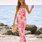 Pink Orange Floral Print Strapless Satin Mermaid Maxi Dress OMFORT