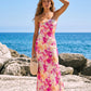 Pink Orange Floral Print Strapless Satin Mermaid Maxi Dress OMFORT
