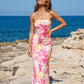 Pink Orange Floral Print Strapless Satin Mermaid Maxi Dress OMFORT