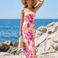 Pink Orange Floral Print Strapless Satin Mermaid Maxi Dress OMFORT