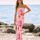 Pink Orange Floral Print Strapless Satin Mermaid Maxi Dress OMFORT