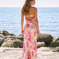Pink Orange Floral Print Strapless Satin Mermaid Maxi Dress OMFORT