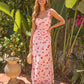 Pink Red Rose Print Ruched Bust Wide Strap Maxi Dress OMFORT