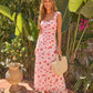 Pink Red Rose Print Ruched Bust Wide Strap Maxi Dress OMFORT