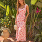 Pink Red Rose Print Ruched Bust Wide Strap Maxi Dress OMFORT