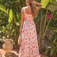 Pink Red Rose Print Ruched Bust Wide Strap Maxi Dress OMFORT