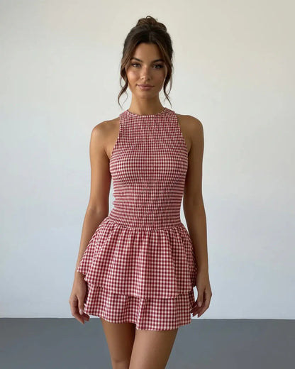 Red Smocked Gingham Tiered Ruffle Slim Fit Mini Dress SOLACE