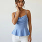Light Blue Cowl Neck Spaghetti Strap Peplum Top SOLACE