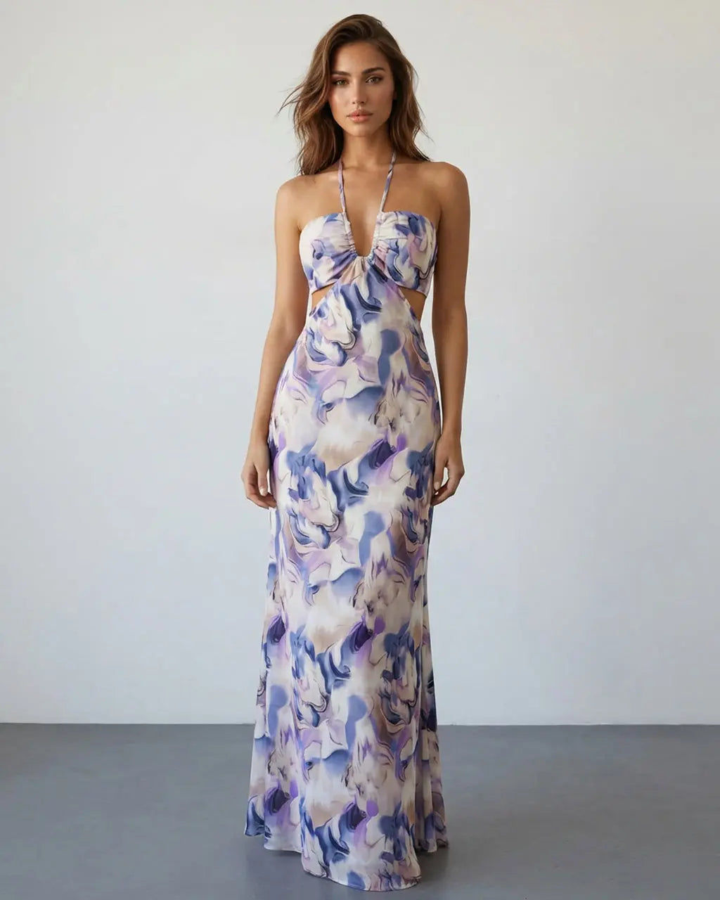 Purple Marble Print Halter Cutout Floral Spring Maxi Dress SOLACE