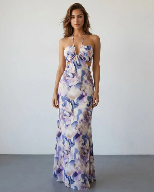 Purple Marble Print Halter Cutout Floral Spring Maxi Dress SOLACE