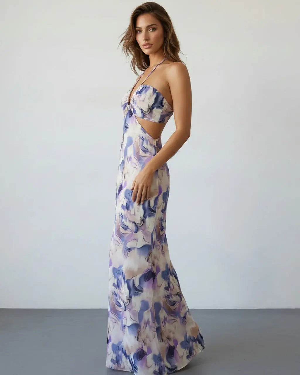 Purple Marble Print Halter Cutout Floral Spring Maxi Dress SOLACE