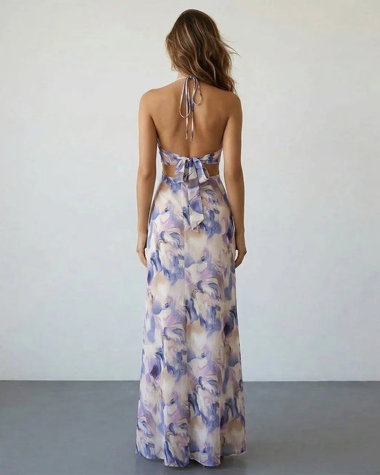 Purple Marble Print Halter Cutout Floral Spring Maxi Dress SOLACE