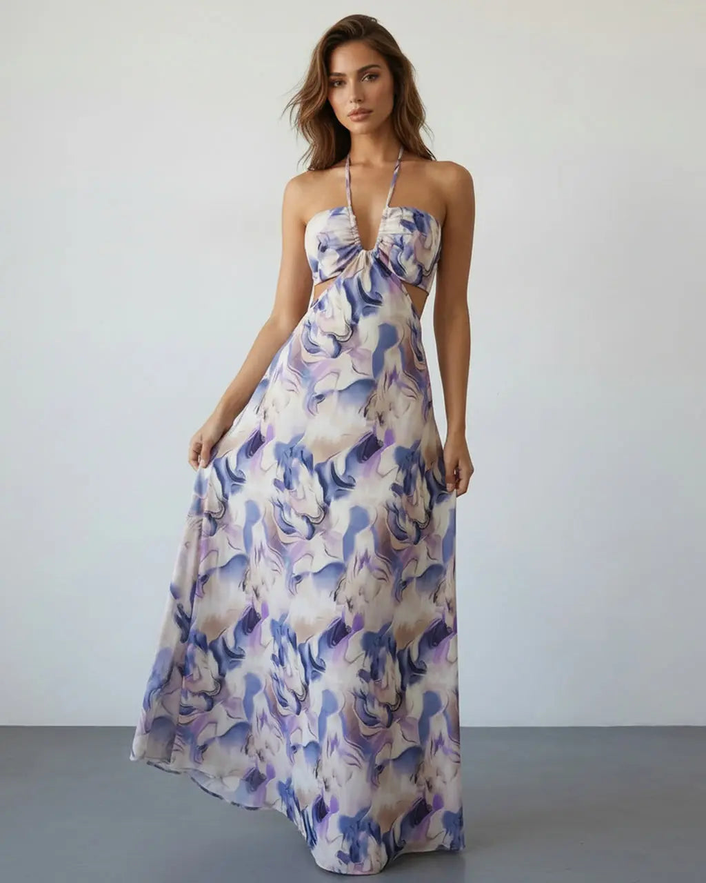 Purple Marble Print Halter Cutout Floral Spring Maxi Dress SOLACE