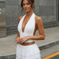 SOLACE  White Backless Ruffled Chiffon Slim Fit Sleeveless Top Mini Skirts Set?