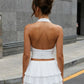 SOLACE  White Backless Ruffled Chiffon Slim Fit Sleeveless Top Mini Skirts Set?