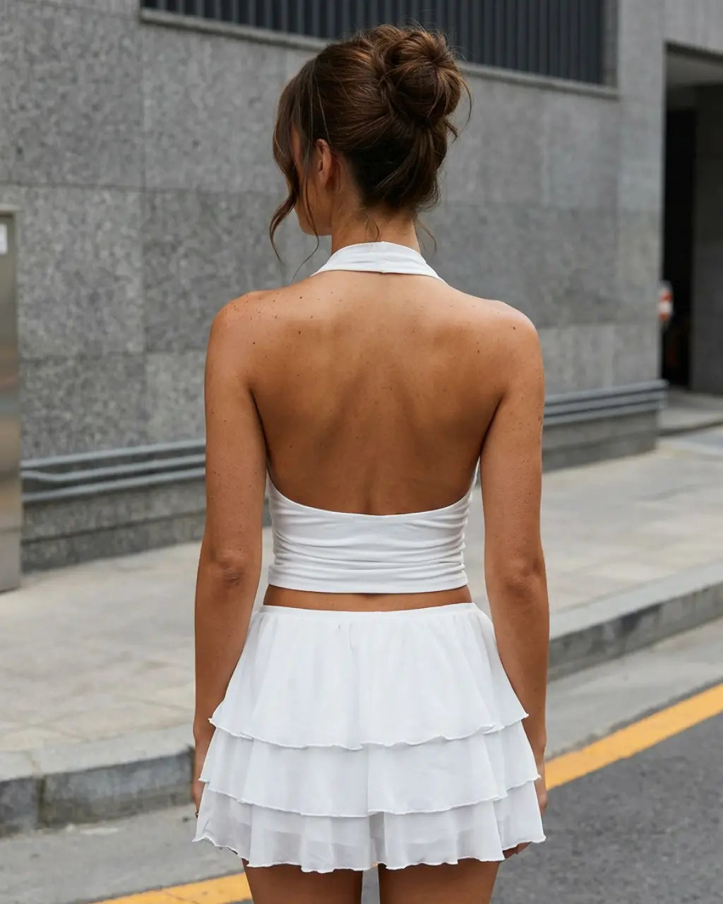 SOLACE  White Backless Ruffled Chiffon Slim Fit Sleeveless Top Mini Skirts Set?