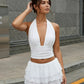 SOLACE  White Backless Ruffled Chiffon Slim Fit Sleeveless Top Mini Skirts Set?