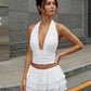 SOLACE  White Backless Ruffled Chiffon Slim Fit Sleeveless Top Mini Skirts Set?