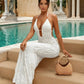 White Metal Ring Deep V Neck Textured Slim Fit Maxi Dress SOLACE