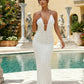 White Metal Ring Deep V Neck Textured Slim Fit Maxi Dress SOLACE