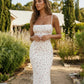 White Romantic Ditsy Floral Stretch Knit Bodycon Brunch Maxi Dress SOLACE