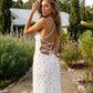 White Romantic Ditsy Floral Stretch Knit Bodycon Brunch Maxi Dress SOLACE