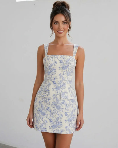 Blue and White Floral Jacquard Slim Fit Mini Dress SOLACE