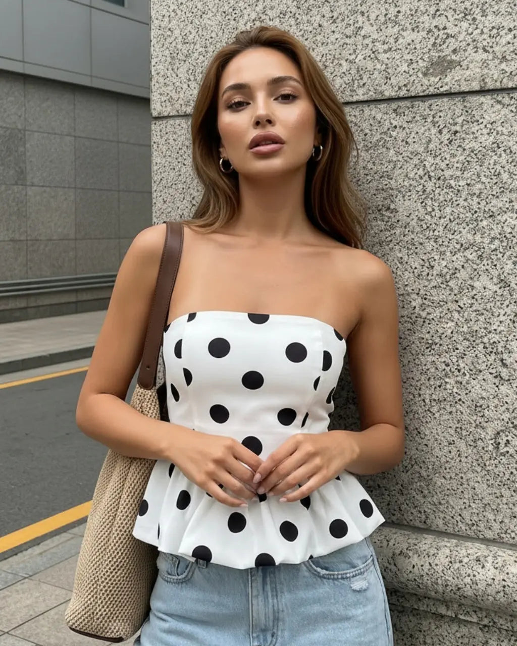 SOLACE  White Polka Dot Print Peplum Ruffle Slim Fit Cropped Tube Top?