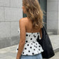 SOLACE  White Polka Dot Print Peplum Ruffle Slim Fit Cropped Tube Top?