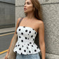 SOLACE  White Polka Dot Print Peplum Ruffle Slim Fit Cropped Tube Top?