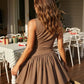 Brown Draped Waist Asymmetrical Pleated Mini Dress SOLACE