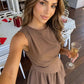 Brown Draped Waist Asymmetrical Pleated Mini Dress SOLACE