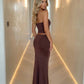 Brown Strapless Ruched Cutout Cropped Top Maxi Skirt Party Set SOLACE