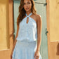 Light Blue Floral Jacquard Halter Keyhole Tiered Vacation Mini Dress SOLACE