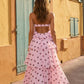 Pink Polka Dot Halter Tiered Ruffle Vacation Maxi Dress SOLACE