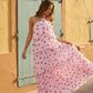 Pink Polka Dot Halter Tiered Ruffle Vacation Maxi Dress SOLACE