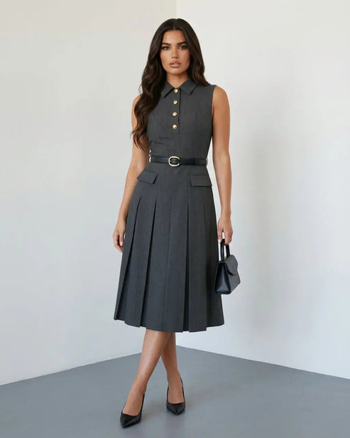 SOLACE  Grey Formal Sleeveless Collared Button Front Belted Pleated Midi Shirt Dress?