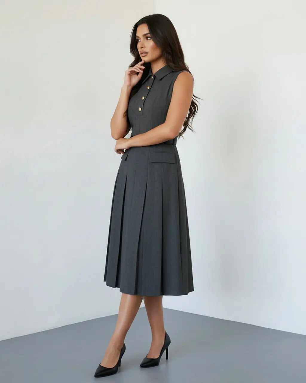 SOLACE  Grey Formal Sleeveless Collared Button Front Belted Pleated Midi Shirt Dress?