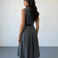 SOLACE  Grey Formal Sleeveless Collared Button Front Belted Pleated Midi Shirt Dress?