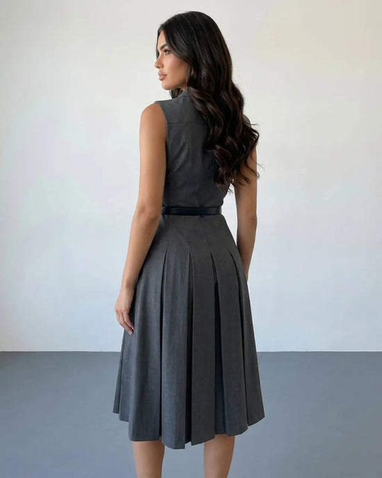 SOLACE  Grey Formal Sleeveless Collared Button Front Belted Pleated Midi Shirt Dress?