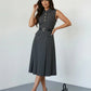 SOLACE  Grey Formal Sleeveless Collared Button Front Belted Pleated Midi Shirt Dress?